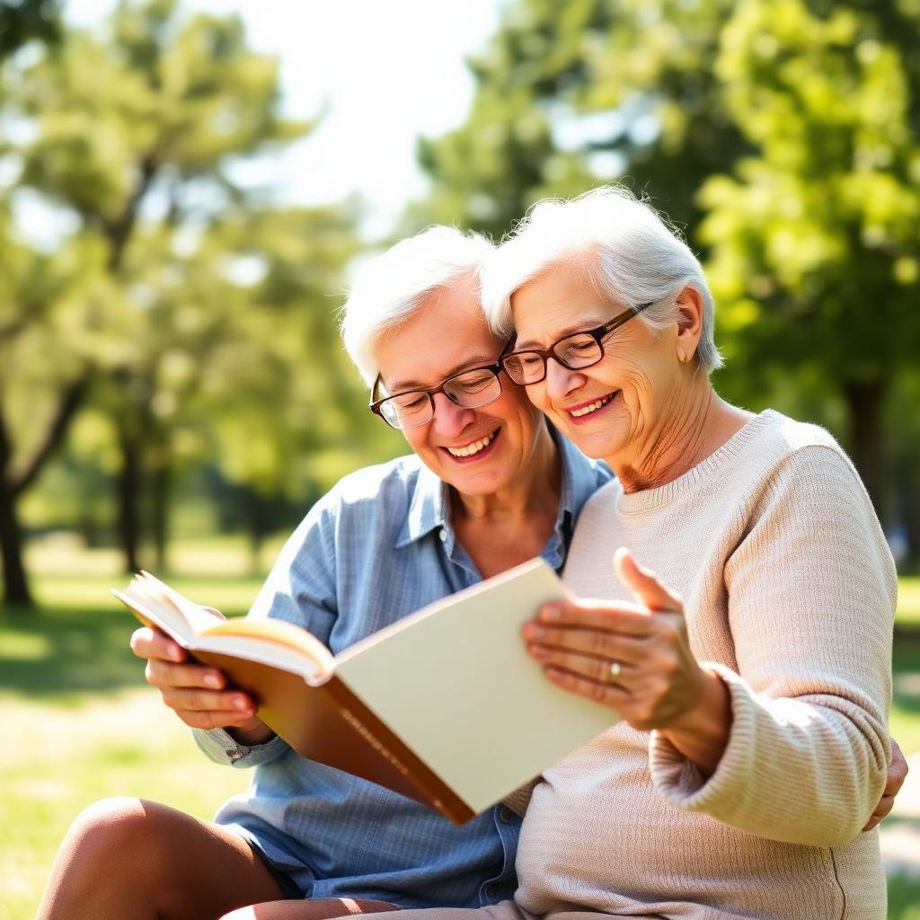 Older couple reading a book together outdoors with clear vision